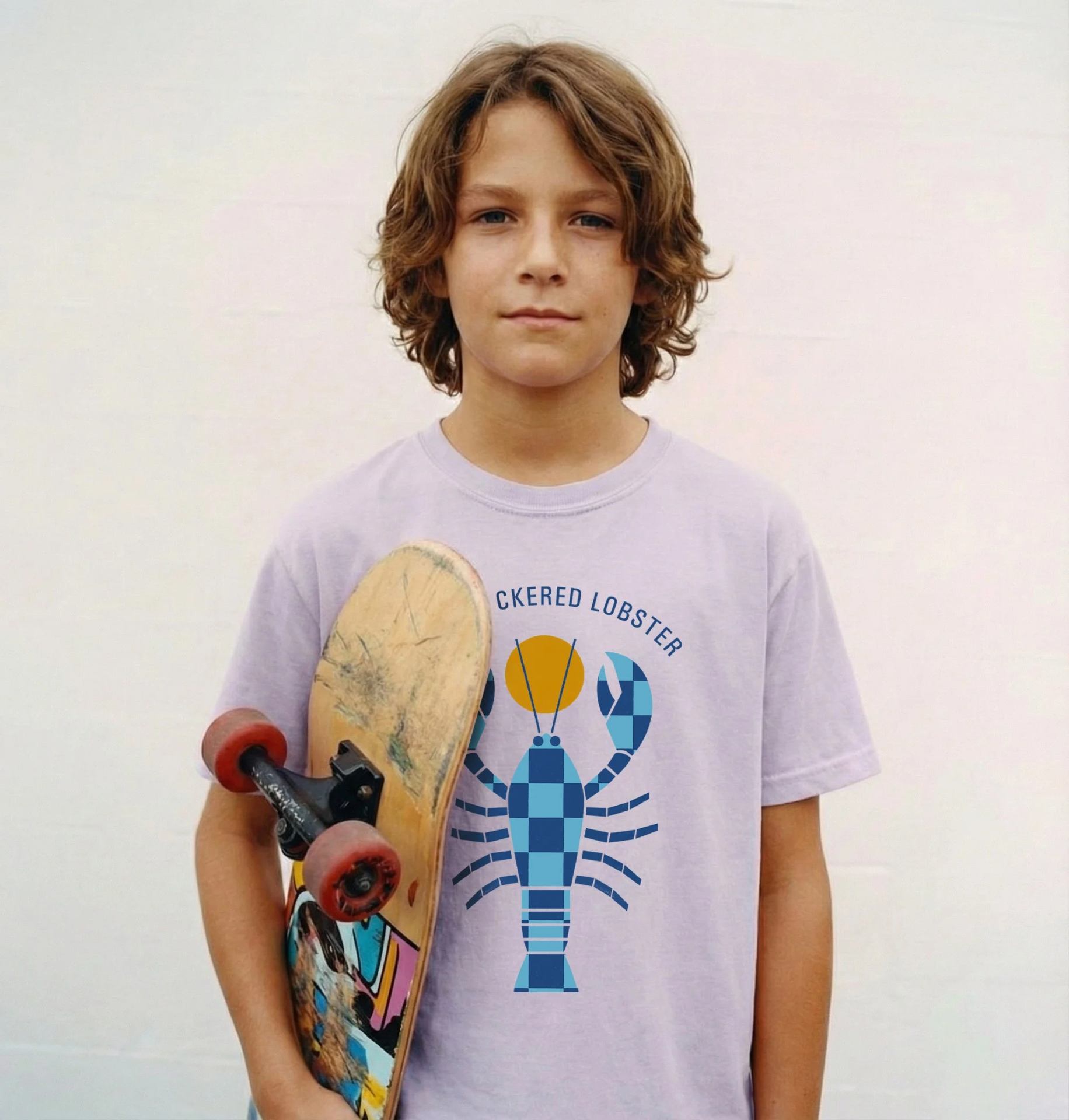 Kid wearing the orchid Kids' Unisex Lobster Tee