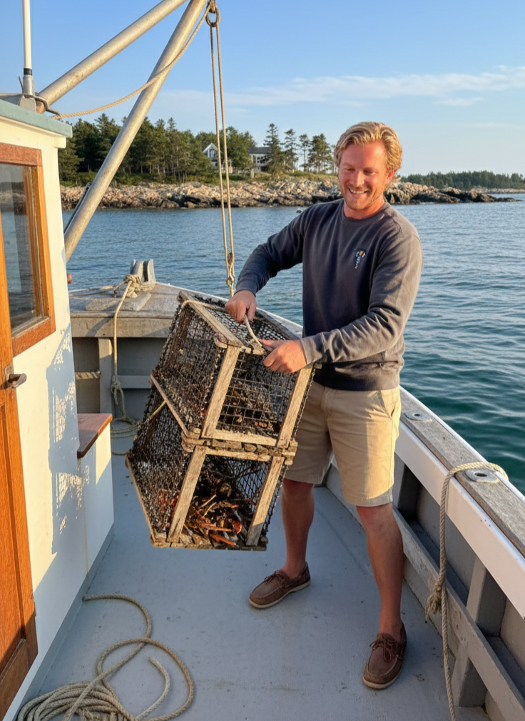 Hauling a lobster trap aboard a boat off the New England coast