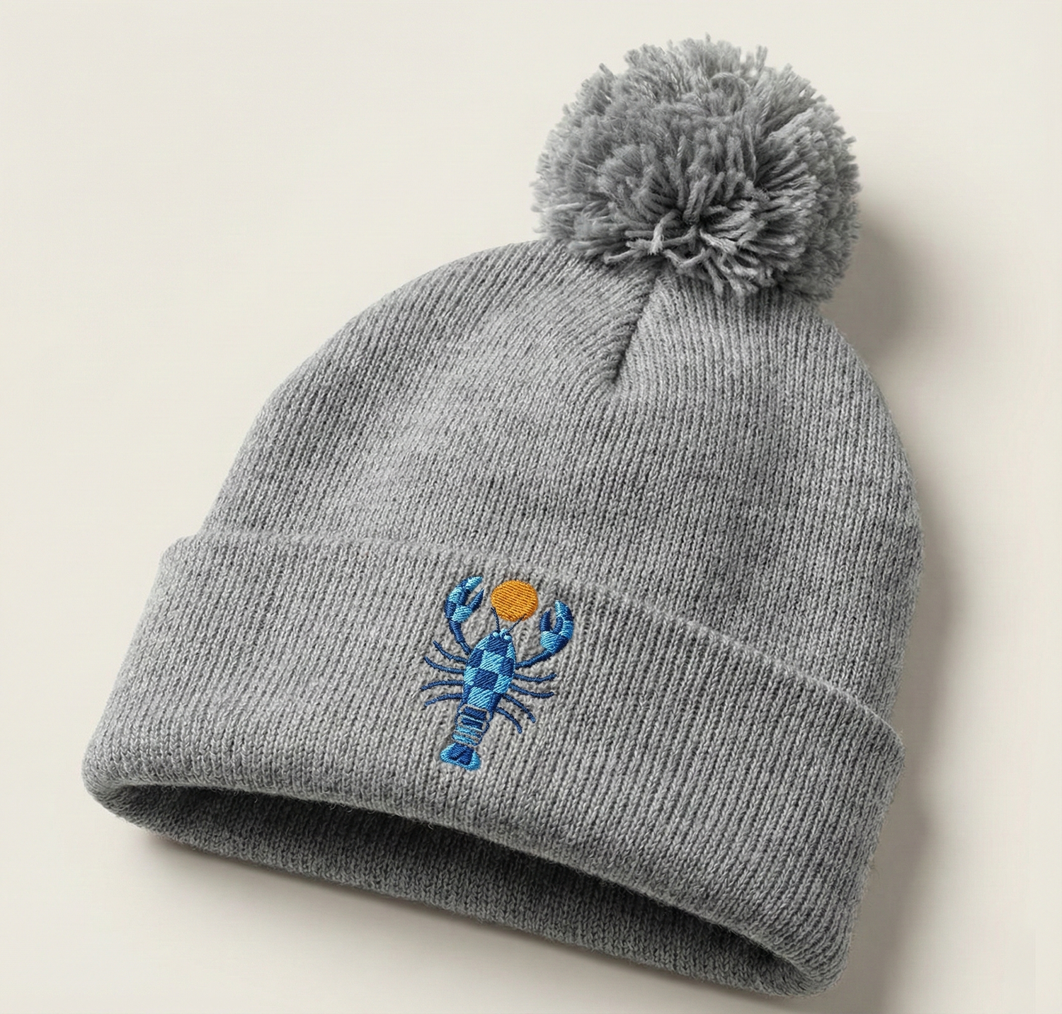 Harbor gray knit beanie with pom and embroidered Checkered Lobster