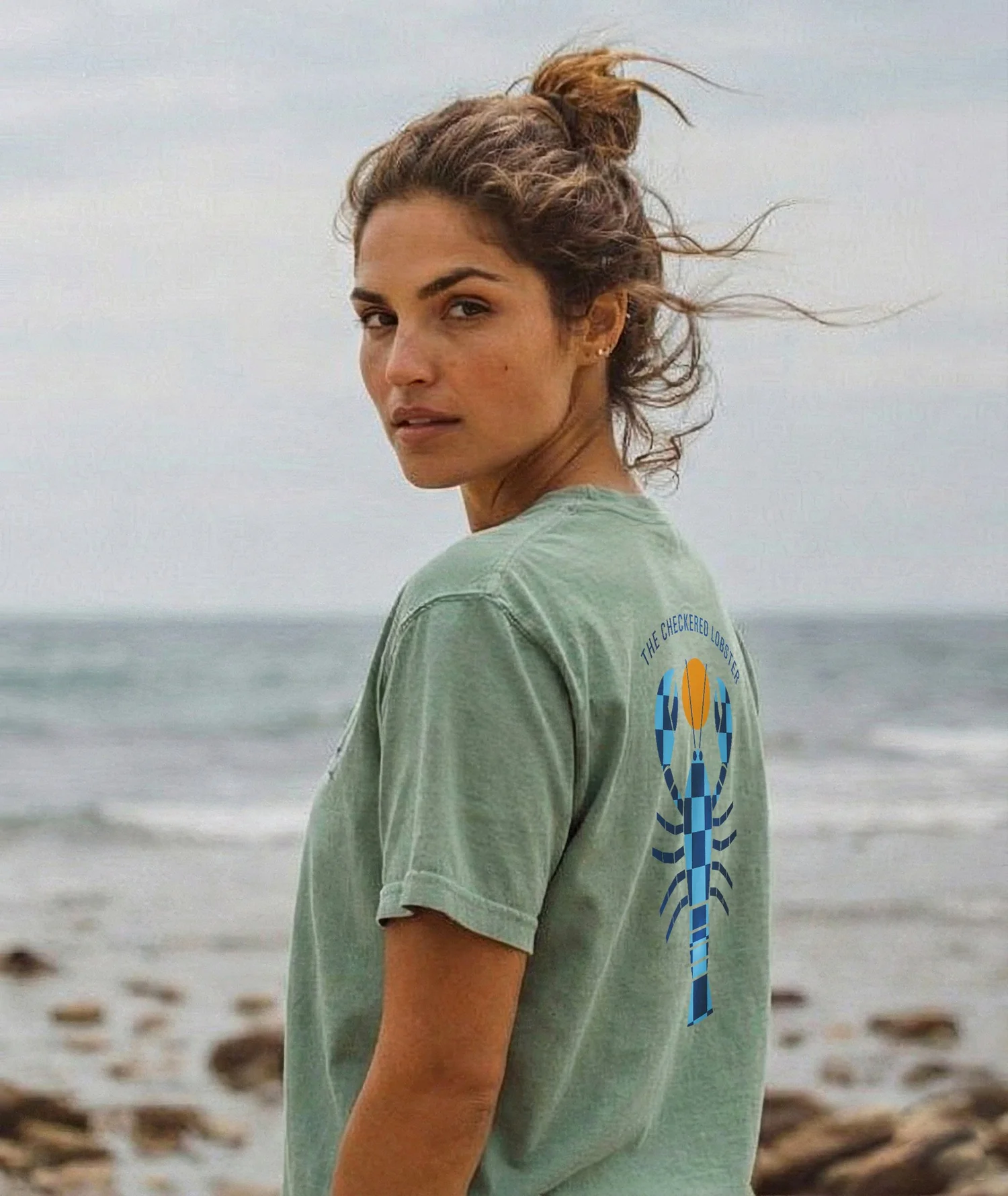 Bay Unisex Mariner Tee with the full Checkered Lobster print across the back