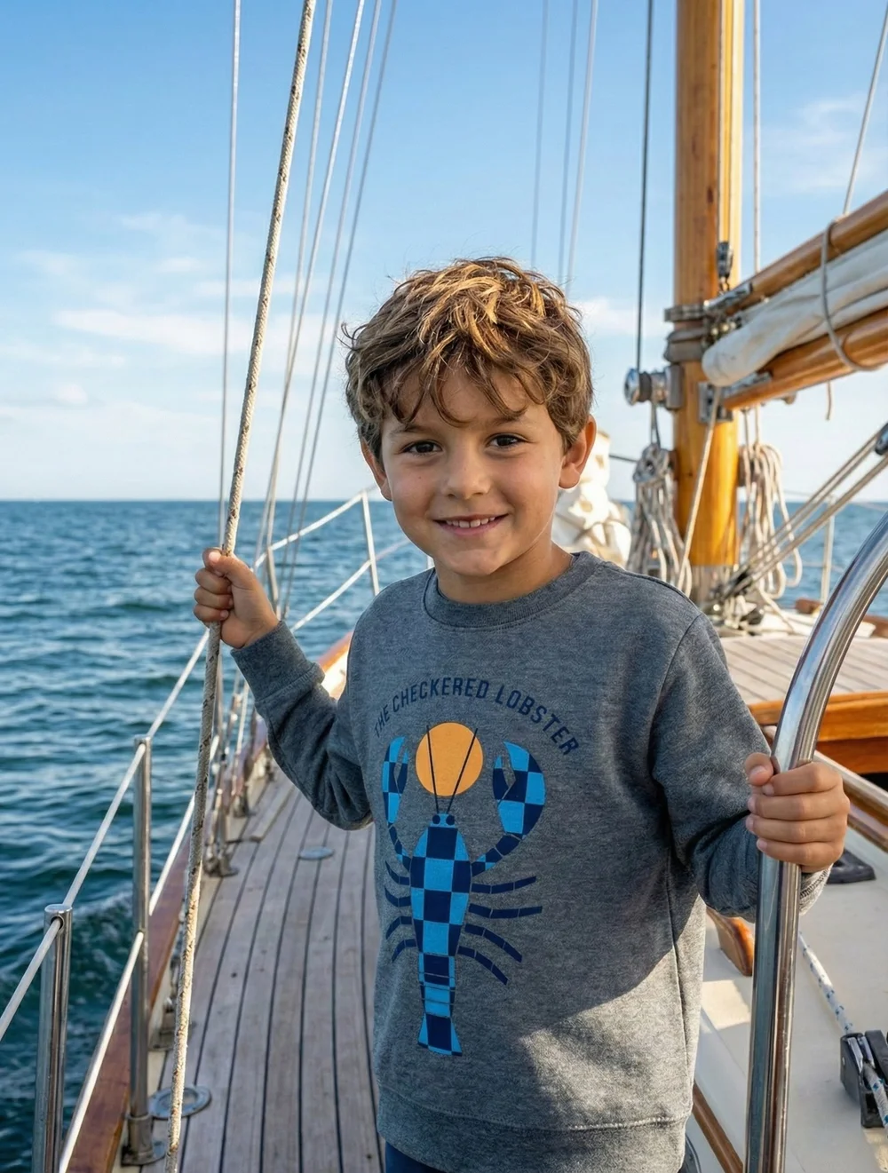Boy on a sailboat wearing the Heather Gray Kids' Lobster Crewneck