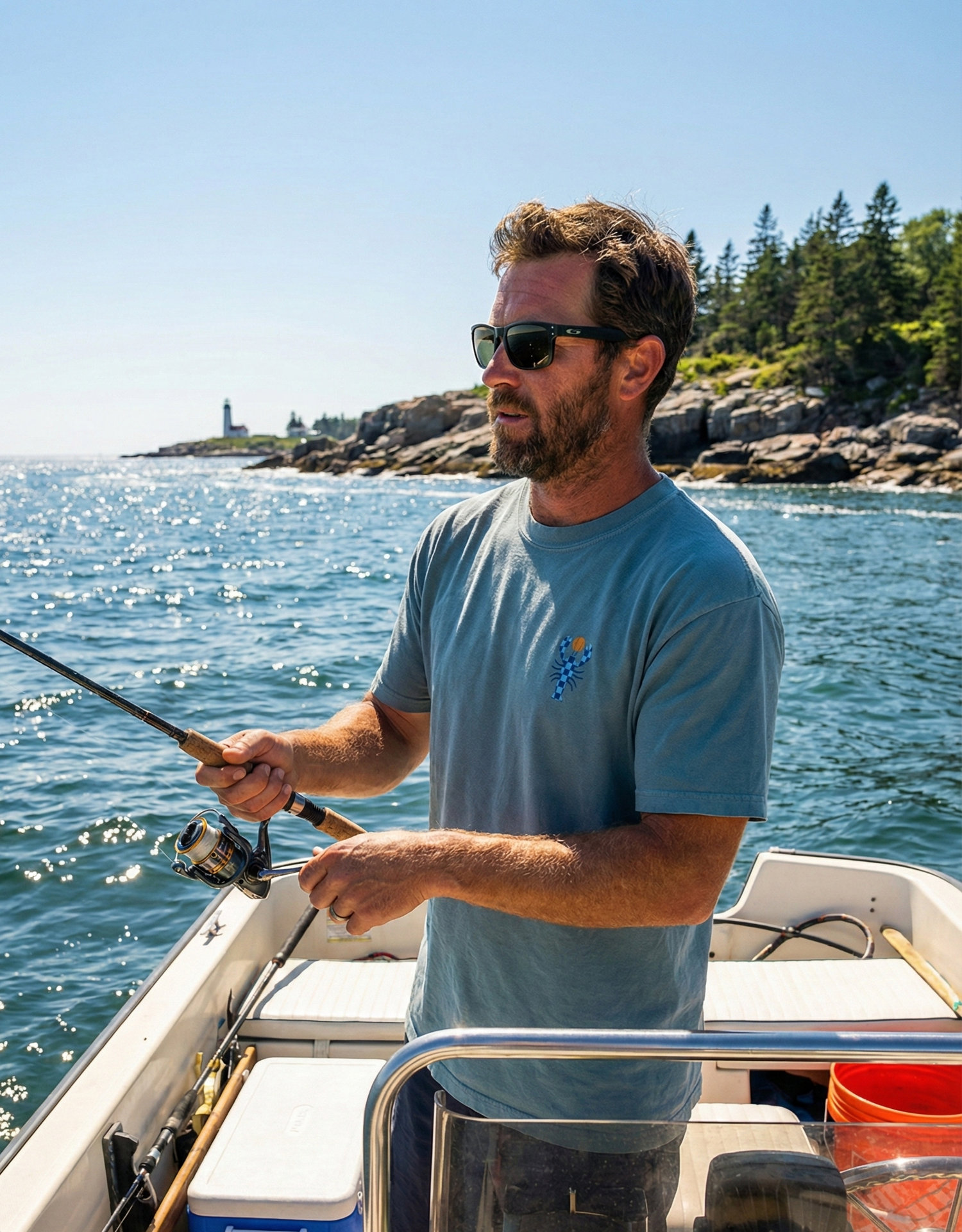 Fishing off a boat near a Maine lighthouse