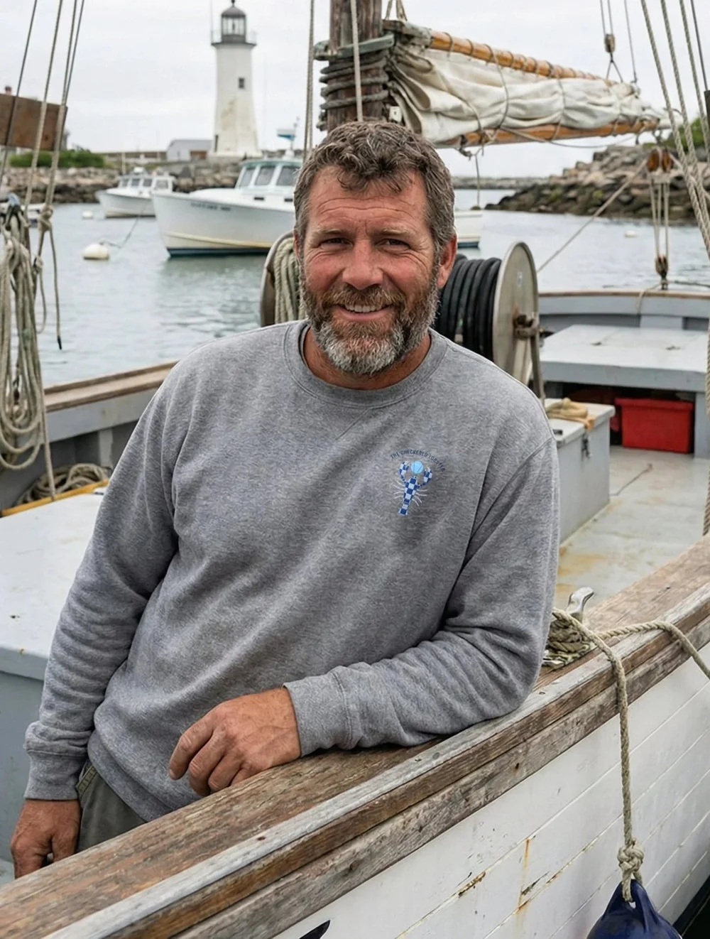 Man leaning on the rail of a wooden boat wearing the heather grey Lighthouse Crew